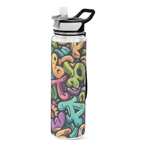 Hand -painted Letters Sports Water Bottle Portable Travel Mug 32oz BPA Free Leak Proof Straw Transparent Tritan for Gym Yoga Cycling Camping