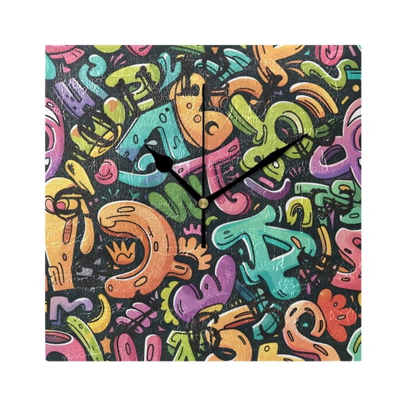 Hand -painted Letters Wall Clock Square Silent Non Ticking Battery Operated Clock for Home Bathroom Kitchen Bedroom Living Room