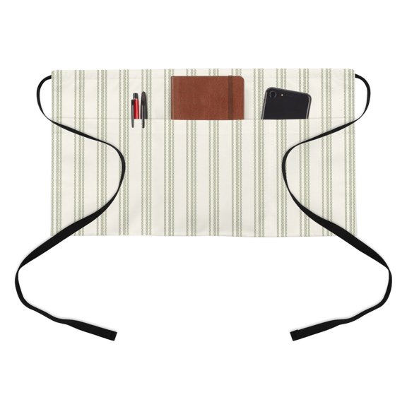 Hand-painted Line Draft Half Waist Apron Retro Green Beige Lines Short Waiter Aprons with 3 Pockets for Women Men Kitchen Restaurant Cooking