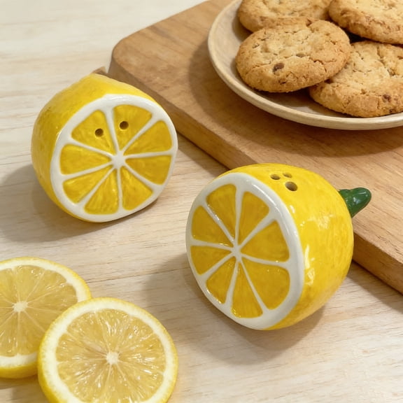 Hand-painted bold-colored ceramic lemon and pepper shaker