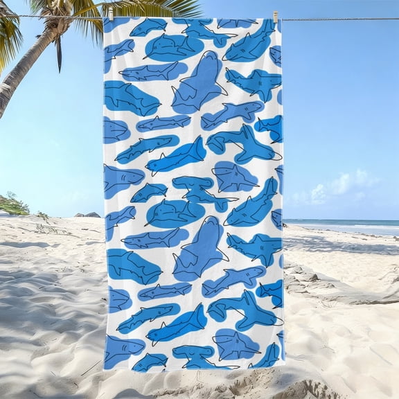 Hand-painted wind shark pattern soft beach towel, ocean style printing, microfiber bath towel, fast drying, super absorbent, suitable for seaside vacation, beach walking, pool pie scene