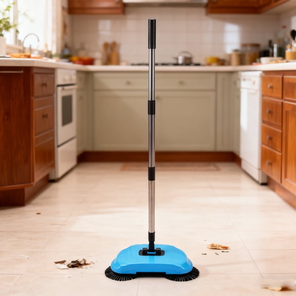 Hand-Propelled Rotating Broom - Long Handle, Blue for Carpet & Hard Floor Home Cleaning