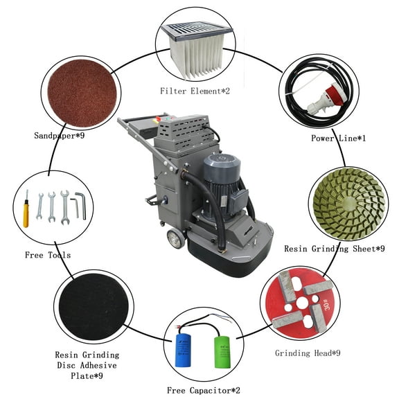 Hand-push Cement Ground Grinder Concrete Floor Polishing Machine with 9 Head Chassis 220V