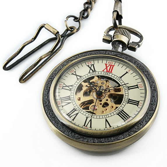 Hand-winding Mechanical Pocket Watch Brass Bronze Vintage Case Classic Men Chain