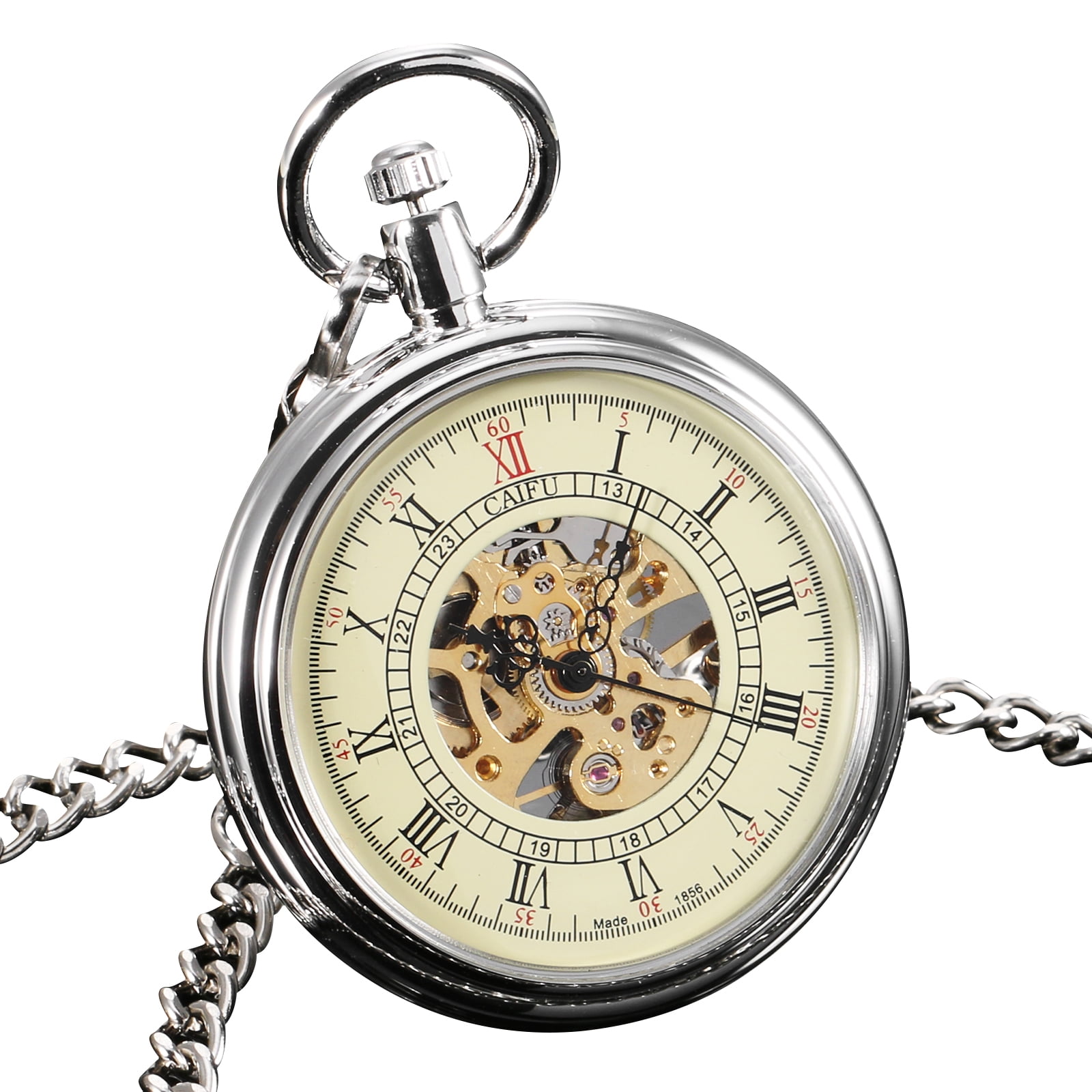 Hand-winding Mechanical Pocket Watch Open Face Silver Case Golden