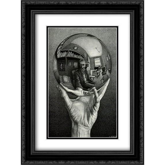 Hand with Sphere 2x Matted 15x18 Black Ornate Framed Art Print by M.C. Escher