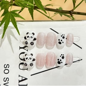 Hand-worn nail film summer short cat eye three-dimensional panda nail sticker cute removable fake nail breathable nail