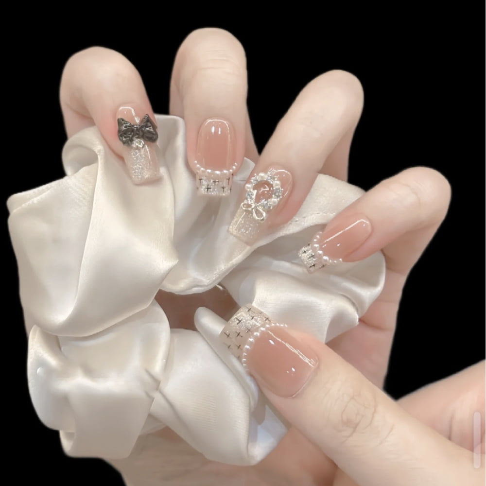 Hand-worn nail magic mirror powder polka dot bow cat eye nail piece ...