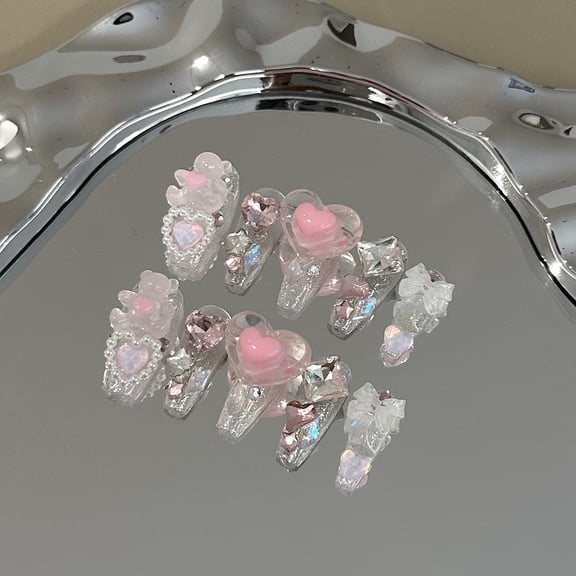 Hand-worn nail pads, high-end pink cartoon bear love nail stickers, removable full of diamonds, cute fake nails