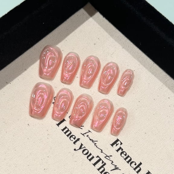 Hand-worn nail pads, high-end pink fluorescent magic mirror powder, short manicure removable temperament, white fake nails