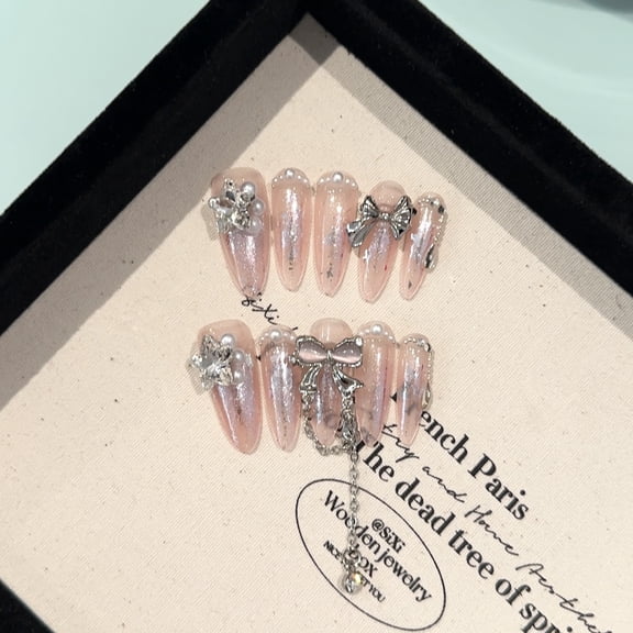 Hand-worn nail pads, high-end summer naked pink cat's eye bows, manicure removable stars, big diamonds, white