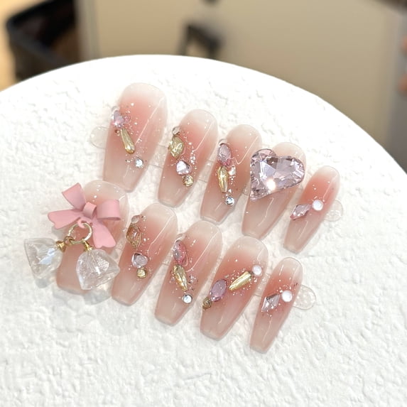 Hand-worn nail piece Love bell Nail art patch Pink smudge blush Nail long sweet detachable finished product