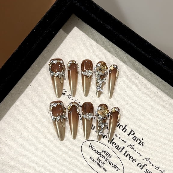 Hand-worn nail piece advanced sense autumn and winter brown gradual change gold magic mirror powder manicure white long fake nails