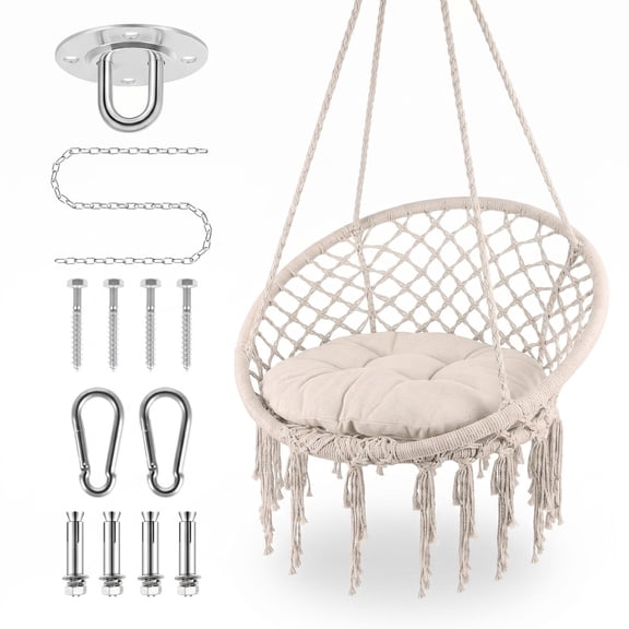 Hand-woven Cotton Rope Net Hanging Chair, Swing Chair with 330 lbs Capacity, Macrame Hanging Swing Chair for Balcony Patio