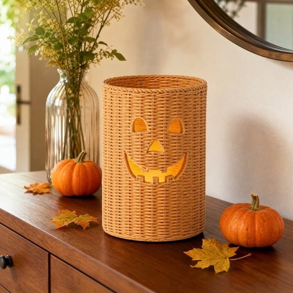 Hand-woven Jack O'Lantern Hurricane Candle Holder - Harvest Wicker Pumpkin Pillar Candle - Hallowmas Rattan Pumpkin Lantern for Autumn Decoration Modern Farmhouse Tabletop Fireplace Mantel Decor
