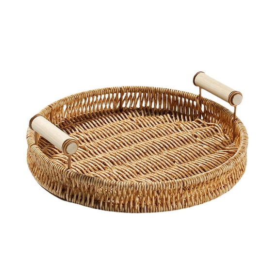 Hand-woven Rattan Storage Basket Fruit Tea Bread Basket with Handle Breakfast Tray for Shelves Organizing