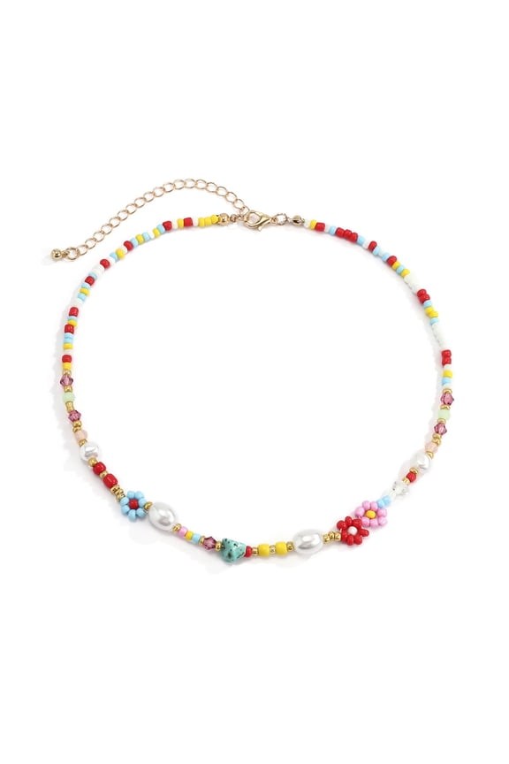 Hand-woven Small Flower Beaded Necklace Adjustable Short Clavicle Chain Imitation Pearl Choker Necklace Party Jewelry