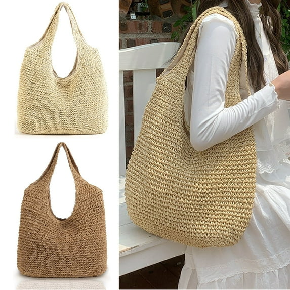 Hand-woven Soft Large Straw Shoulder Bag Boho Straw Handle Tote Retro Summer Beach Bag Rattan Handbag
