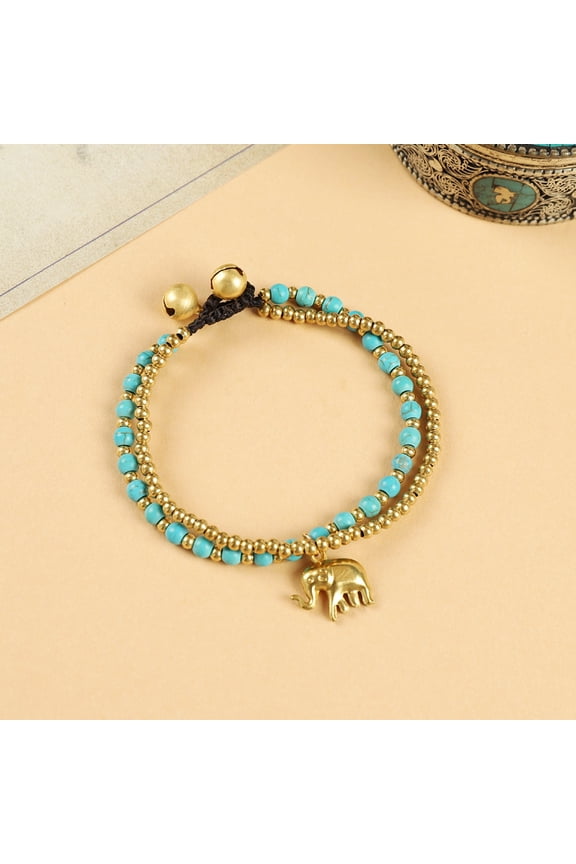 Hand-woven ethnic style elephant bracelet, Tibetan exotic Bohemian double beaded bell retro hand rope for women