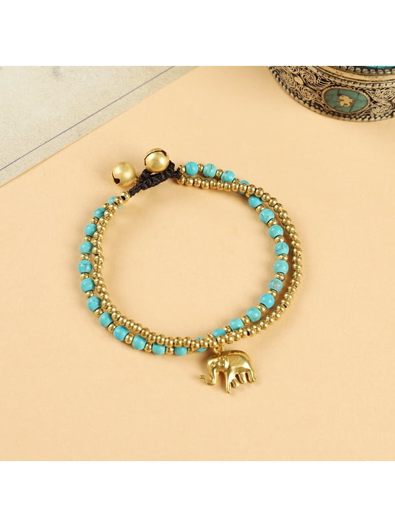 Hand-woven ethnic style elephant bracelet, Tibetan exotic Bohemian double beaded bell retro hand rope for women