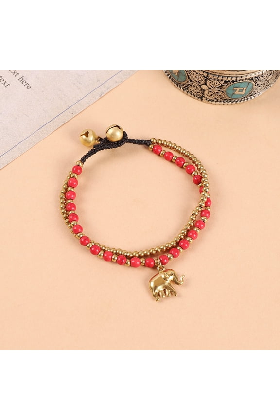 Hand-woven ethnic style elephant bracelet, Tibetan exotic Bohemian double beaded bell retro hand rope for women