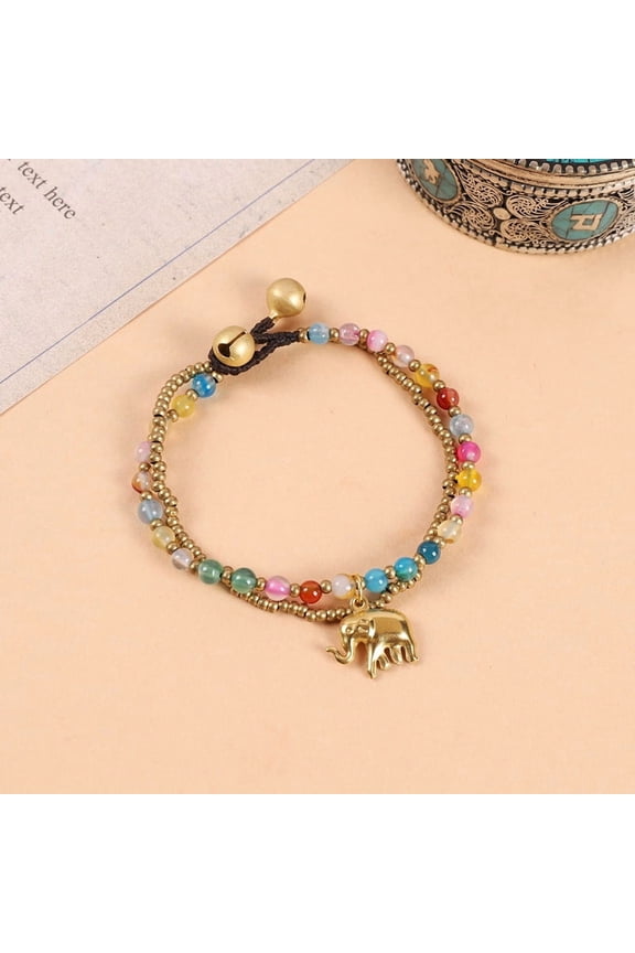 Hand-woven ethnic style elephant bracelet, Tibetan exotic Bohemian double beaded bell retro hand rope for women