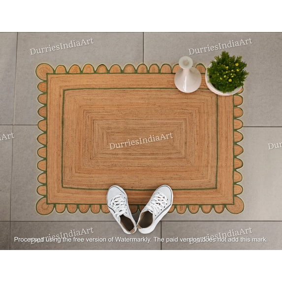 Hand woven scalloped jute Green border with natural jute rugs,Scalloped Jute Rug,Scalloped Edge Rug,Scallop Jute Blue Hand Made Rug