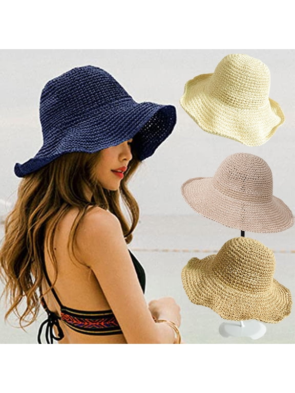 Hand-woven straw hat women's summer foldable British retro fresh sun visor hat sun hat/Navy Blue