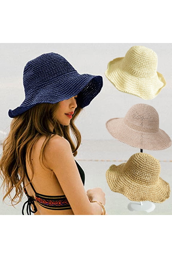 Hand-woven straw hat women's summer foldable British retro fresh sun visor hat sun hat/Navy Blue