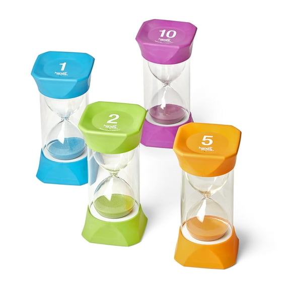 hand2mind Jumbo 1, 2, 5, and 10 Minute Sand Timer Set, Large Hourglass Timer, Sand Clock, Quiet Timer for Kids, Classroom Timers, Toddler Timer Visual Countdown, Game Timer, Calm Down Corner Supplies