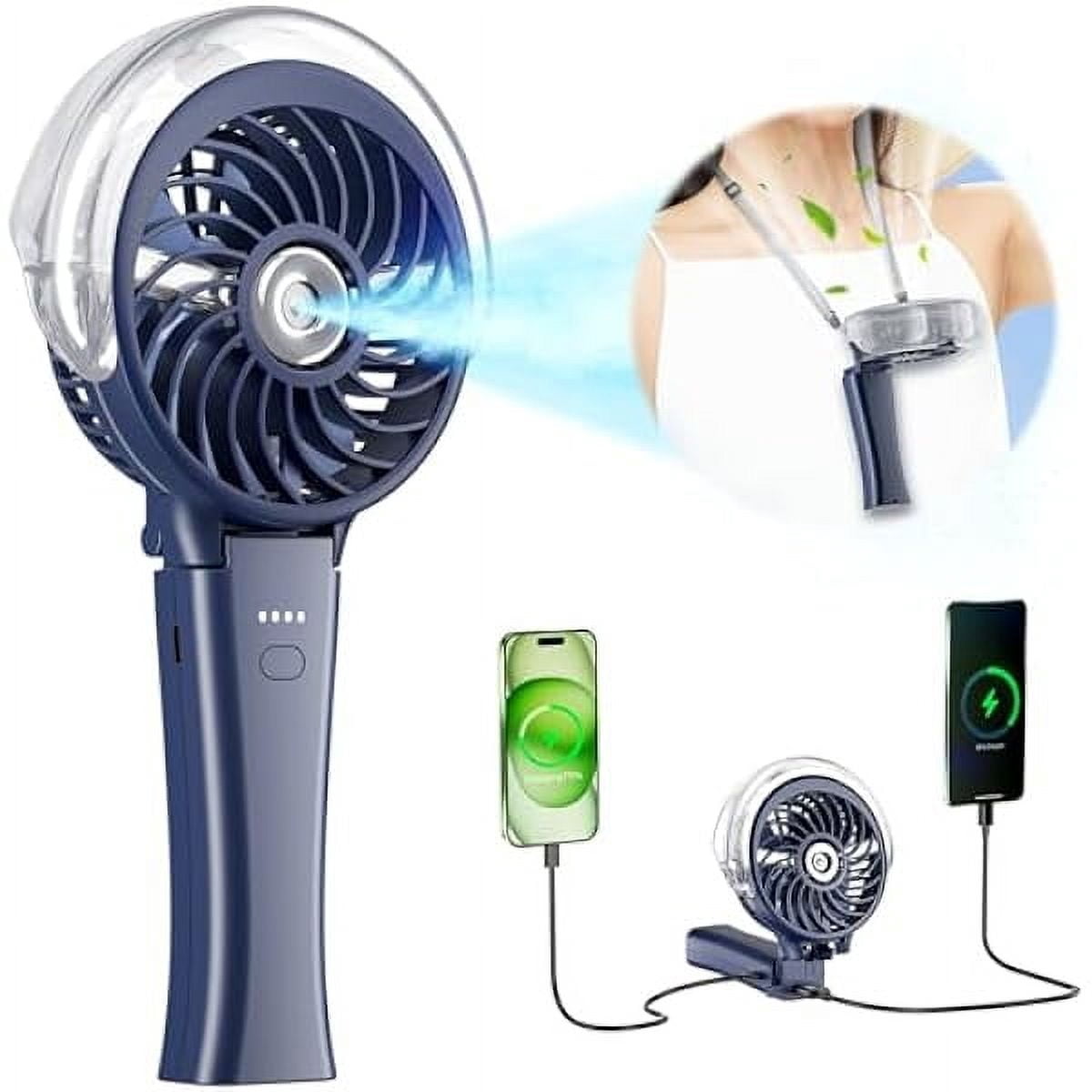 HandFan 4000mAh Misting Fan with Portable Charger, 50ml Water Tank, Rechargeable Handheld Personal Mister Fan, Spray Water Mist Fan, Foldable Electric Hand Fan for Beach, Travel, Outdoors(Royal Blue)