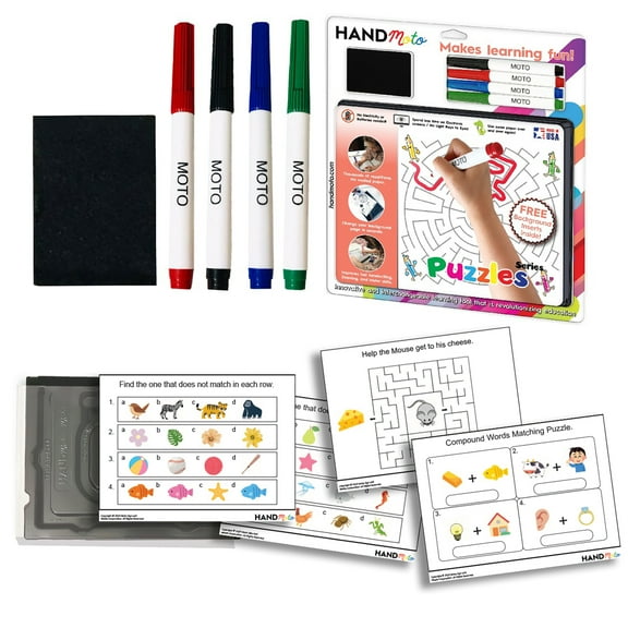HandMoto Dry-Erase Learning Board, 4 Markers, 10 Activity Sheets - Puzzles Series