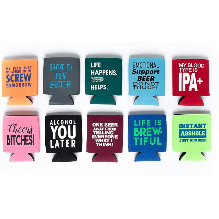 Beer Can Coolie 10-Pack - Funny Sayings Beverage Insulator Can Sleeves - Perfect for Parties, Camping, and Tailgating