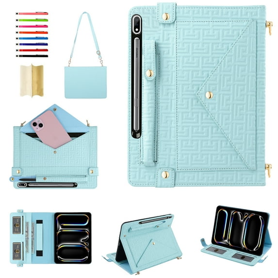 Handbag Case for Samsung Galaxy Tab S9 Plus/S8 Plus/S7+/S7 FE, Flip Folio Stand Crossbody Wallet Case with S Pen Holder & Card Slots Pocket, Hand Strap & Shoulder Strap Protective Cover,Blue