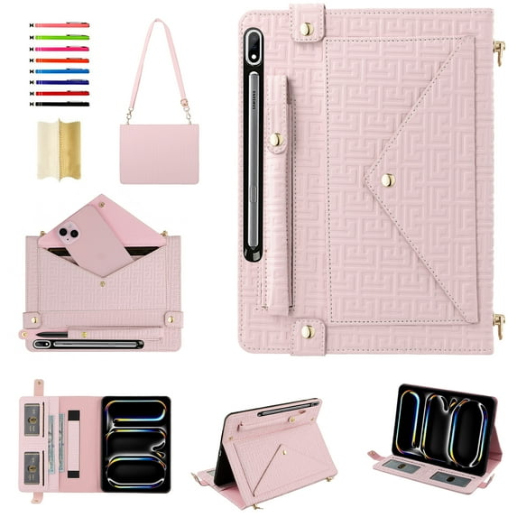 Handbag Case for Samsung Galaxy Tab S9 Plus/S8 Plus/S7+/S7 FE, Flip Folio Stand Crossbody Wallet Case with S Pen Holder & Card Slots Pocket, Hand Strap & Shoulder Strap Protective Cover,Pink