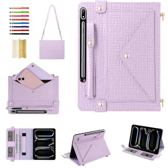 Handbag Case for Samsung Galaxy Tab S9 Plus/S8 Plus/S7+/S7 FE, Flip Folio Stand Crossbody Wallet Case with S Pen Holder & Card Slots Pocket, Hand Strap & Shoulder Strap Protective Cover,Purple