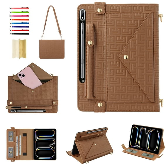 Handbag Case for Samsung Galaxy Tab S9/S9 FE/S8, Flip Folio Stand Crossbody Wallet Case with S Pen Holder & Card Slots Pocket, Hand Strap & Shoulder Strap Protective Cover,Brown