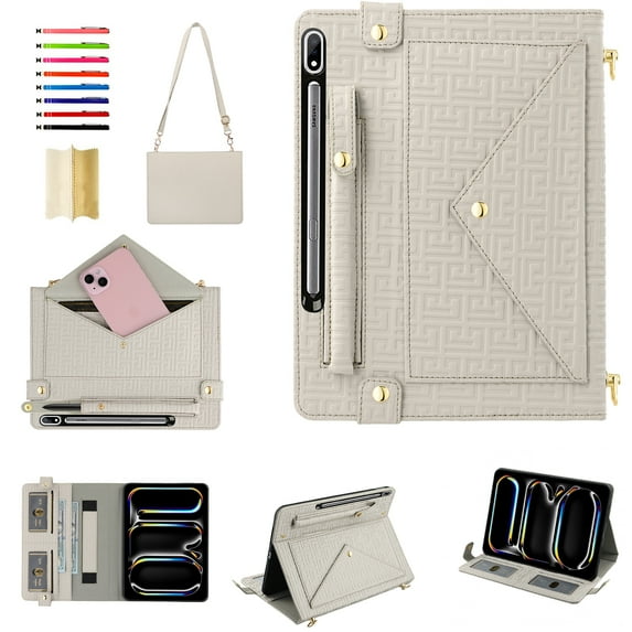 Handbag Case for Samsung Galaxy Tab S9/S9 FE/S8, Flip Folio Stand Crossbody Wallet Case with S Pen Holder & Card Slots Pocket, Hand Strap & Shoulder Strap Protective Cover,Beige