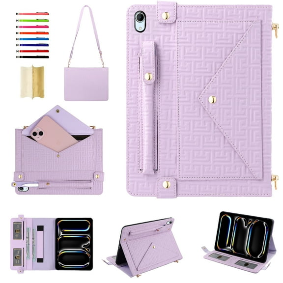 Handbag Case for iPad iPad 10th Gen, Flip Folio Stand Crossbody Wallet Case with S Pen Holder & Card Slots Pocket, Hand Strap & Shoulder Strap Shockproof Protective Cover Case,Purple