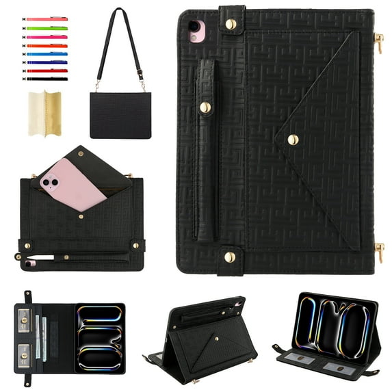 Handbag Case for iPad 9th/8th/7th Gen/Pro 10.5", Flip Folio Stand Crossbody Wallet Case with S Pen Holder & Card Slots Pocket, Hand Strap & Shoulder Strap Protective Cover,Black