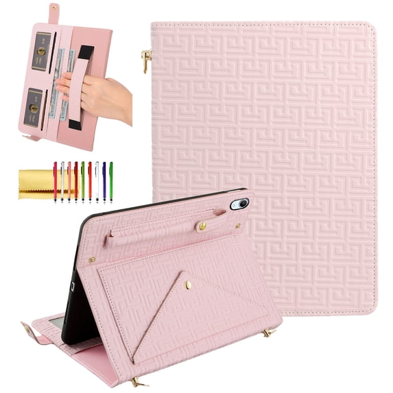 Handbag Case for iPad 9th/8th/7th Generation 2021/2020/2019 10.2 Inch with Pencil Holder, Folio Stand PU Leather Crossbody Shoulder Hand Strap Card Pockets Magnetic Envelope Wallet Cover,Pink