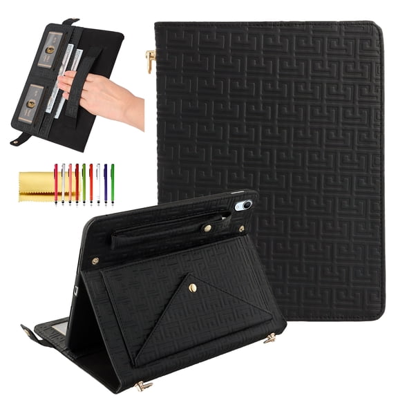 Handbag Case for iPad 9th/8th/7th Generation 2021/2020/2019 10.2 Inch with Pencil Holder, Folio Stand PU Leather Crossbody Shoulder Hand Strap Card Pockets Magnetic Envelope Wallet Cover,Black