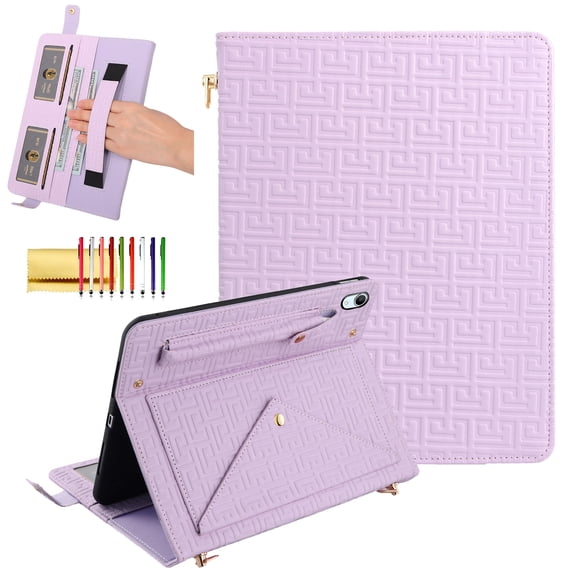 Handbag Case for iPad 9th/8th/7th Generation 2021/2020/2019 10.2 Inch with Pencil Holder, Folio Stand PU Leather Crossbody Shoulder Hand Strap Card Pockets Magnetic Envelope Wallet Cover,Purple