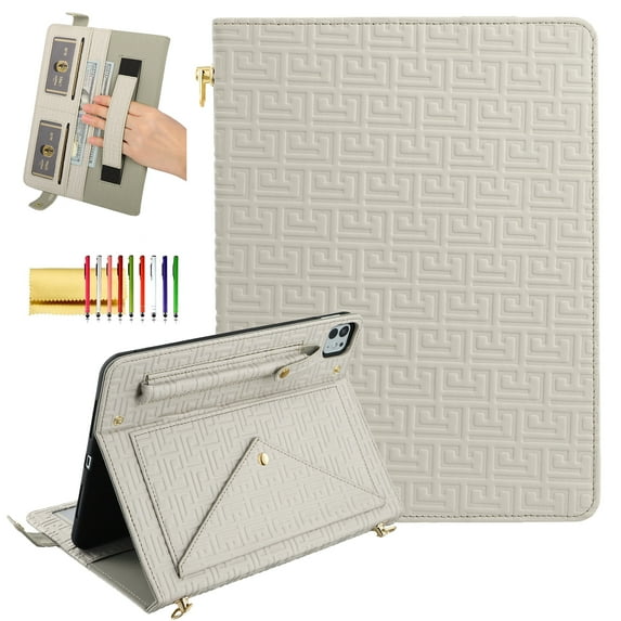 Handbag Case for iPad Air 13" M2 2024/iPad Pro 12.9 2022/2021/2020/2018 with Pencil Holder,Folio Stand PU Leather Crossbody Shoulder Hand Strap Card Pockets Magnetic Envelope Wallet Cover,Beige