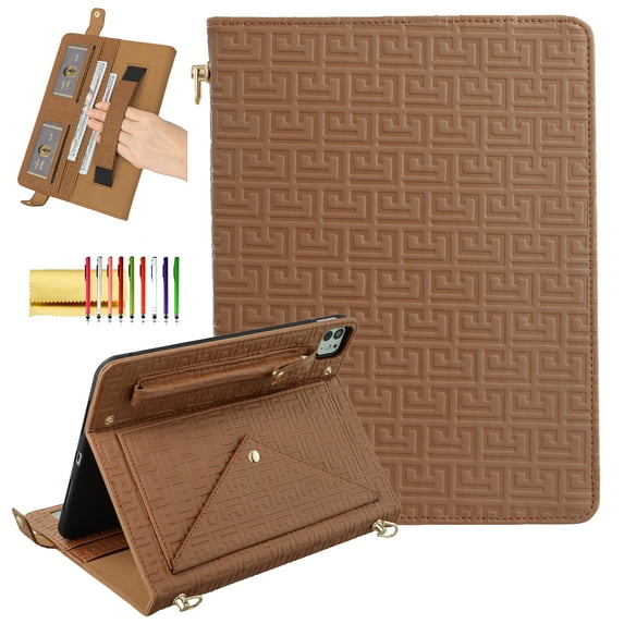 Handbag Case for iPad Air 13" M2 2024/iPad Pro 12.9 2022/2021/2020/2018 with Pencil Holder,Folio Stand PU Leather Crossbody Shoulder Hand Strap Card Pockets Magnetic Envelope Wallet Cover,Brown