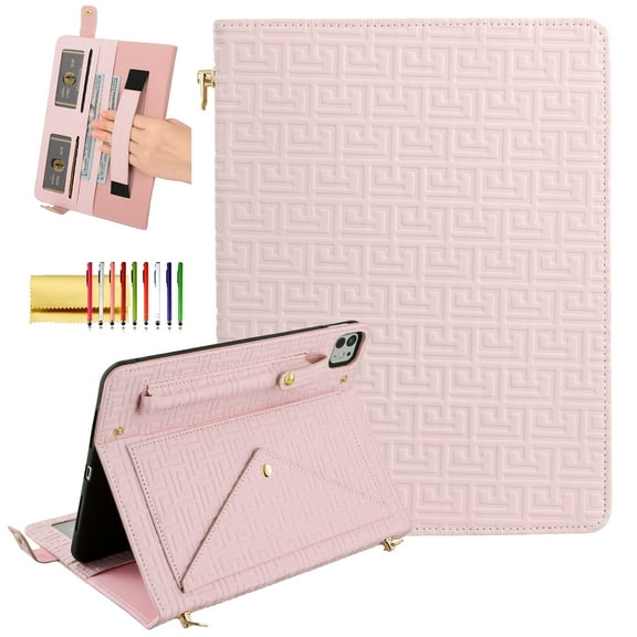 Handbag Case for iPad Air 13" M2 2024/iPad Pro 12.9 2022/2021/2020/2018 with Pencil Holder,Folio Stand PU Leather Crossbody Shoulder Hand Strap Card Pockets Magnetic Envelope Wallet Cover,Pink