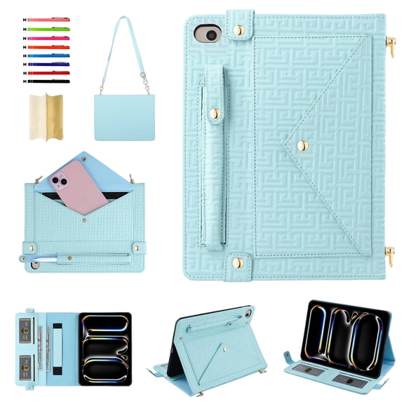 Handbag Case for iPad Mini 5/4/3/2/1, Flip Folio Stand Crossbody Wallet Case with S Pen Holder & Card Slots Pocket, Hand Strap & Shoulder Strap Shockproof Protective Cover,Blue