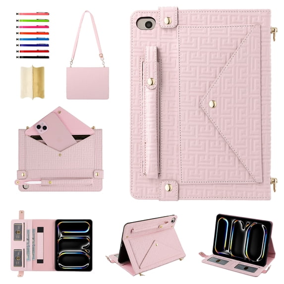 Handbag Case for iPad Mini 5/4/3/2/1, Flip Folio Stand Crossbody Wallet Case with S Pen Holder & Card Slots Pocket, Hand Strap & Shoulder Strap Shockproof Protective Cover,Pink