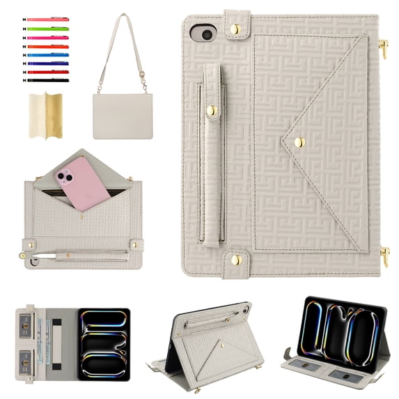 Handbag Case for iPad Mini 5/4/3/2/1, Flip Folio Stand Crossbody Wallet Case with S Pen Holder & Card Slots Pocket, Hand Strap & Shoulder Strap Shockproof Protective Cover,Beige