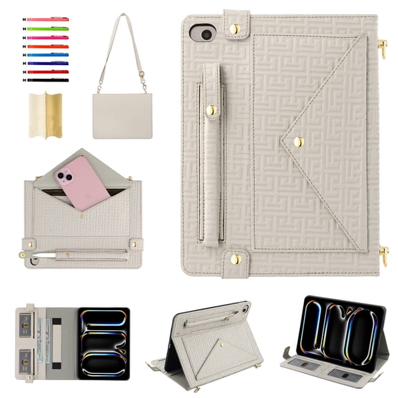 Handbag Case for iPad Mini 5/4/3/2/1, Flip Folio Stand Crossbody Wallet Case with S Pen Holder & Card Slots Pocket, Hand Strap & Shoulder Strap Shockproof Protective Cover,Beige